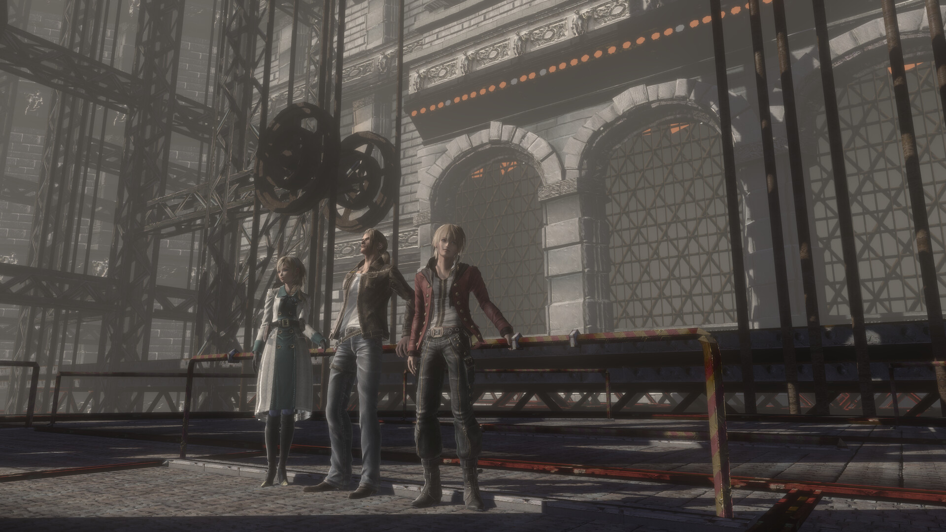 Resonance of Fate screenshot: the trio standing in a large industrial hall.